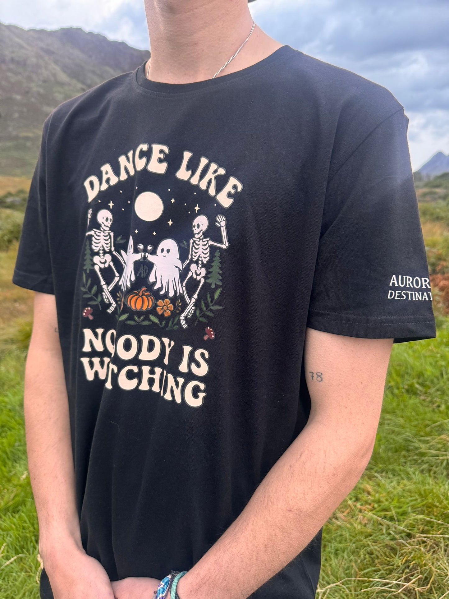 Spooky Ghosty Black Organic T-Shirt (Dance Like Nobody Is Watching- Dancing Skelentons)