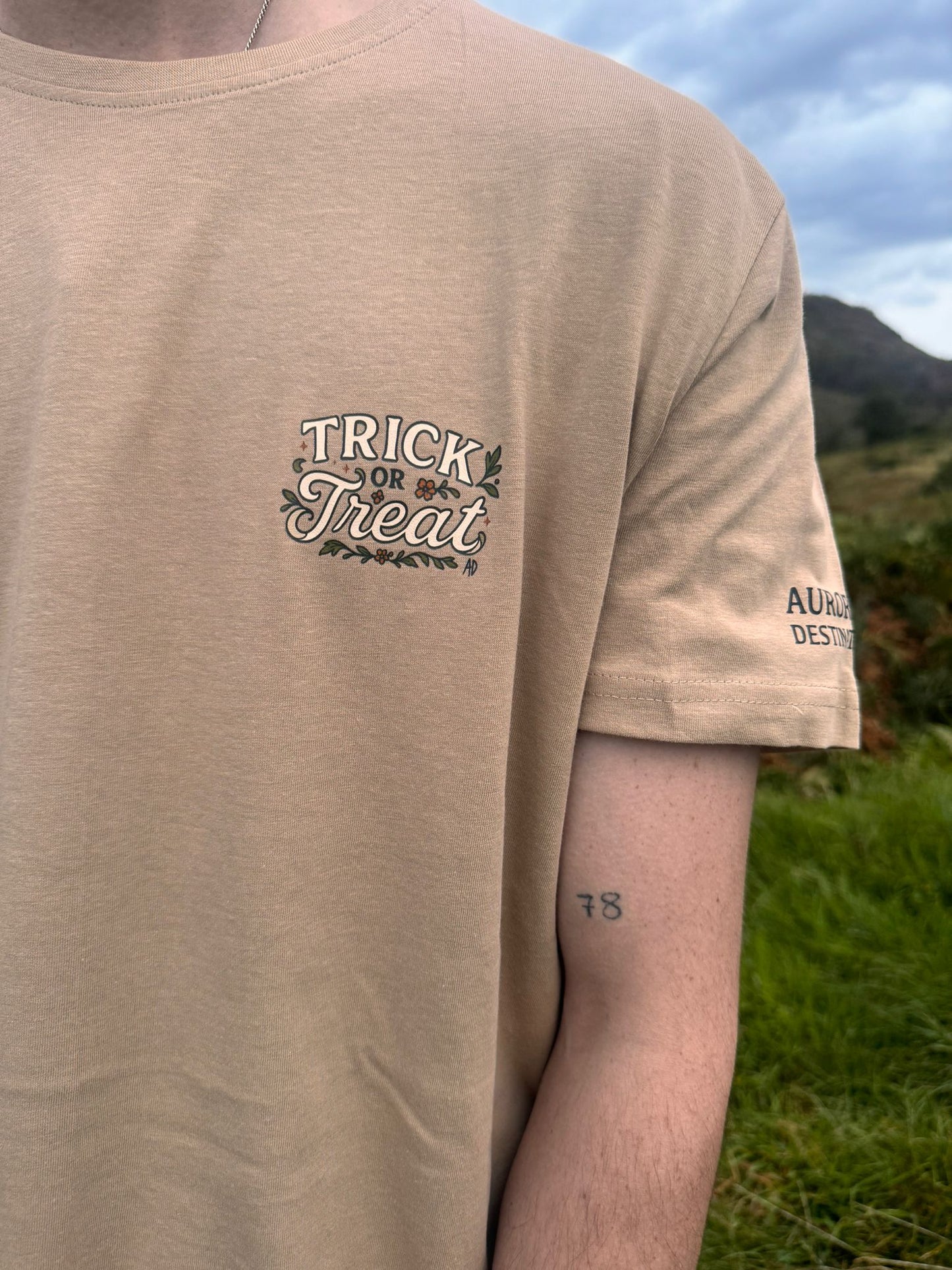 Organic cotton t-shirt. Featuring the left chest design which is a vintage retro font reading Trick or Treat with some floarl autumnal patterns. On the side of the t-shirt, the signature Aurora's Destination print can be seen on the sleeve. In the background the Lake District is visable. Made and designed by Aurora's Destionation.