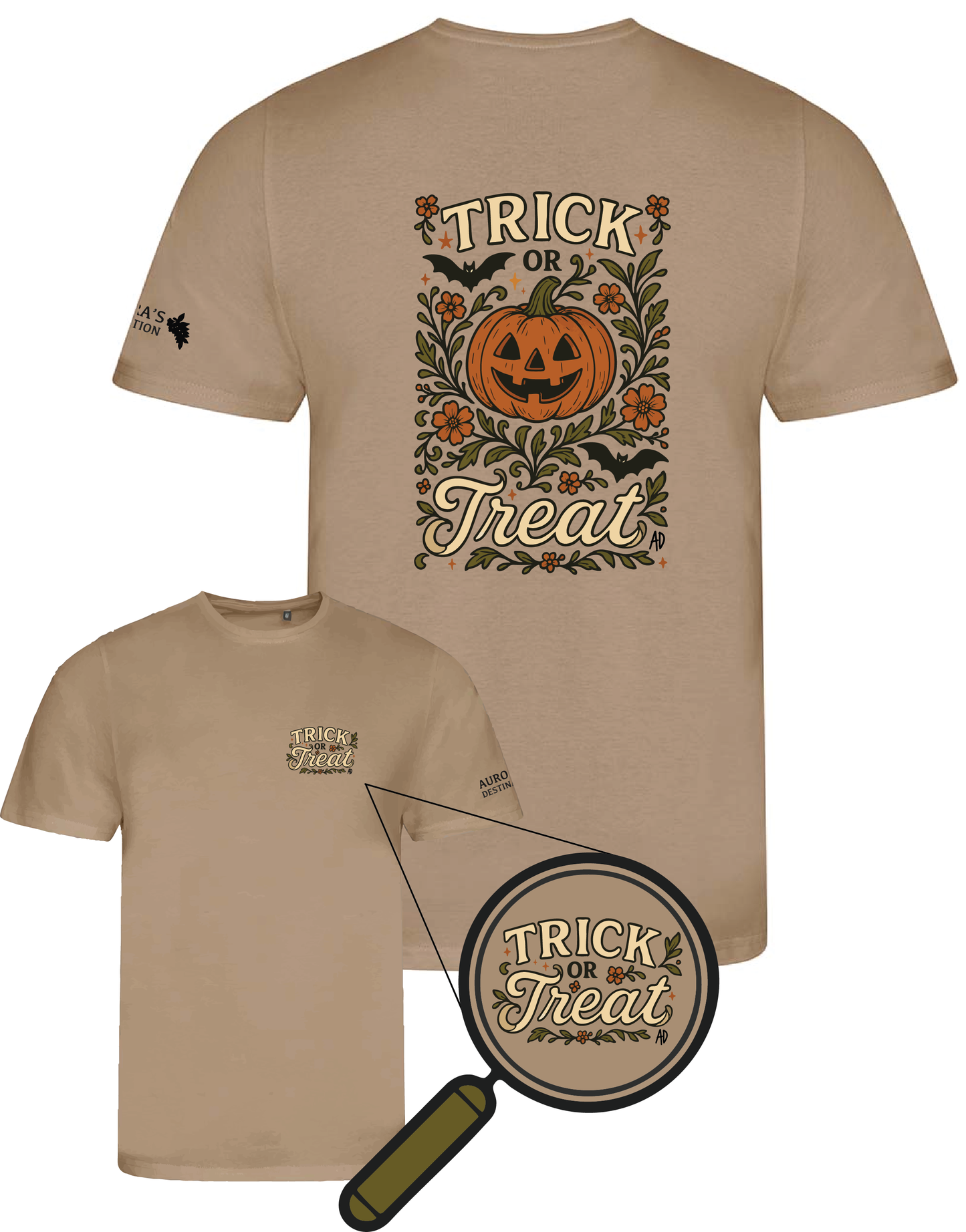 Beige cute and spooky halloween t-shirt with a large 'Trick or Treat' design on the back featuring a pumpkin, bats and floral and nature inspired design with a similar smaller design on the front.