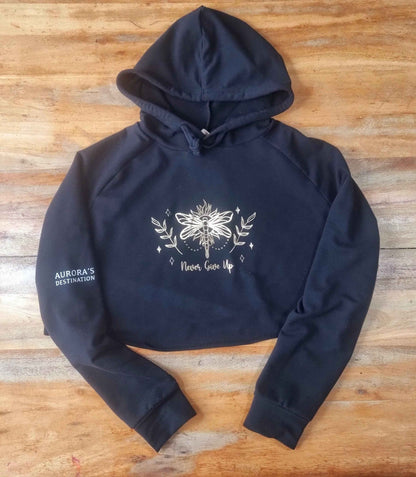 Never Give Up Cropped Cross Back Dragonfly Hoodie