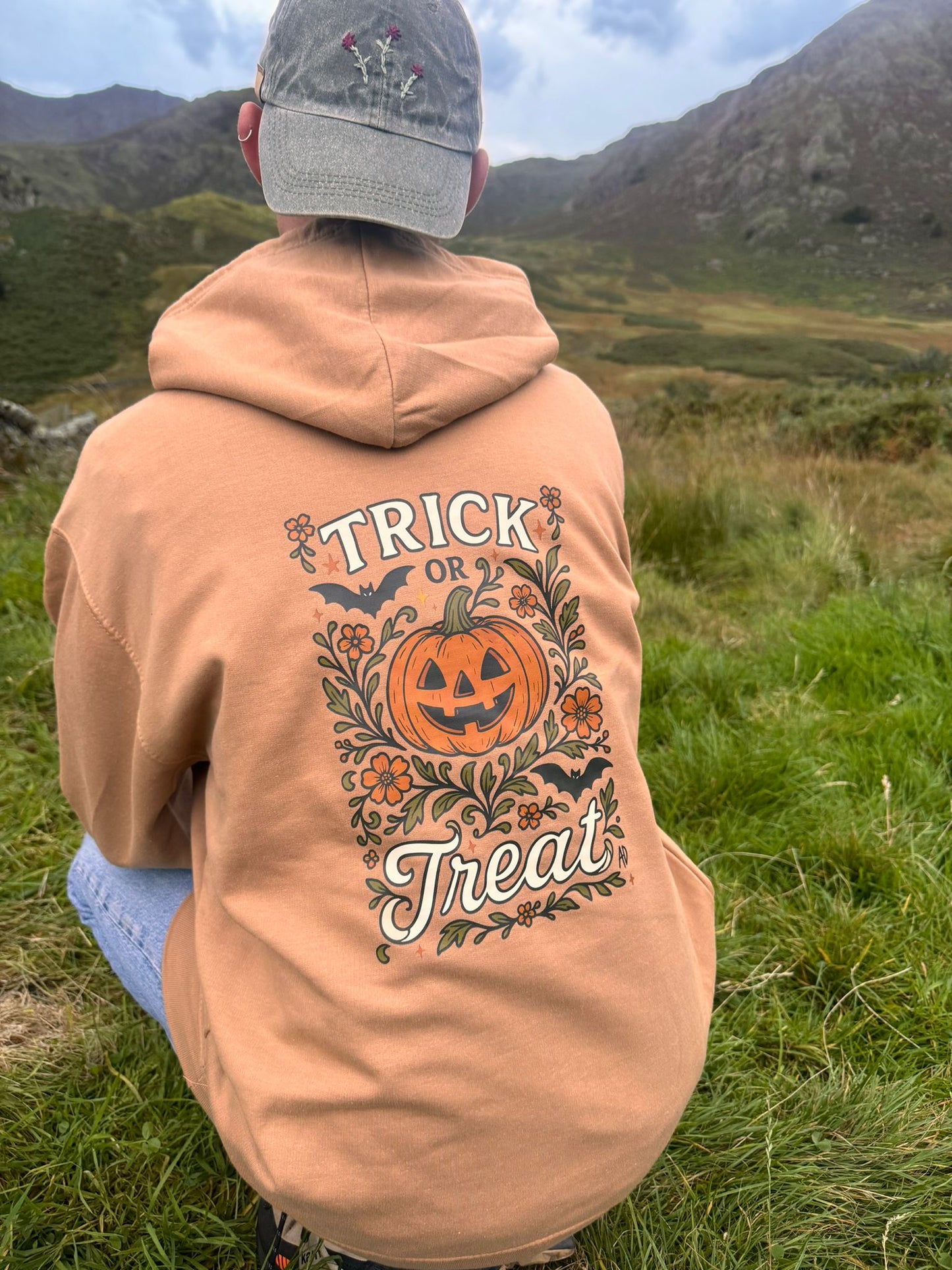 Pumpkins, Bats and Autumn Florals. Trick or Treat Hoodie