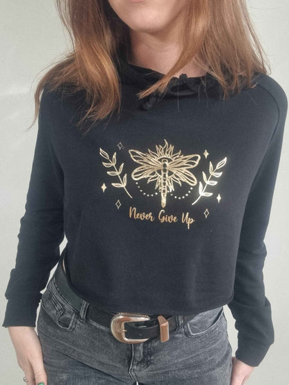 Never Give Up Cropped Cross Back Dragonfly Hoodie