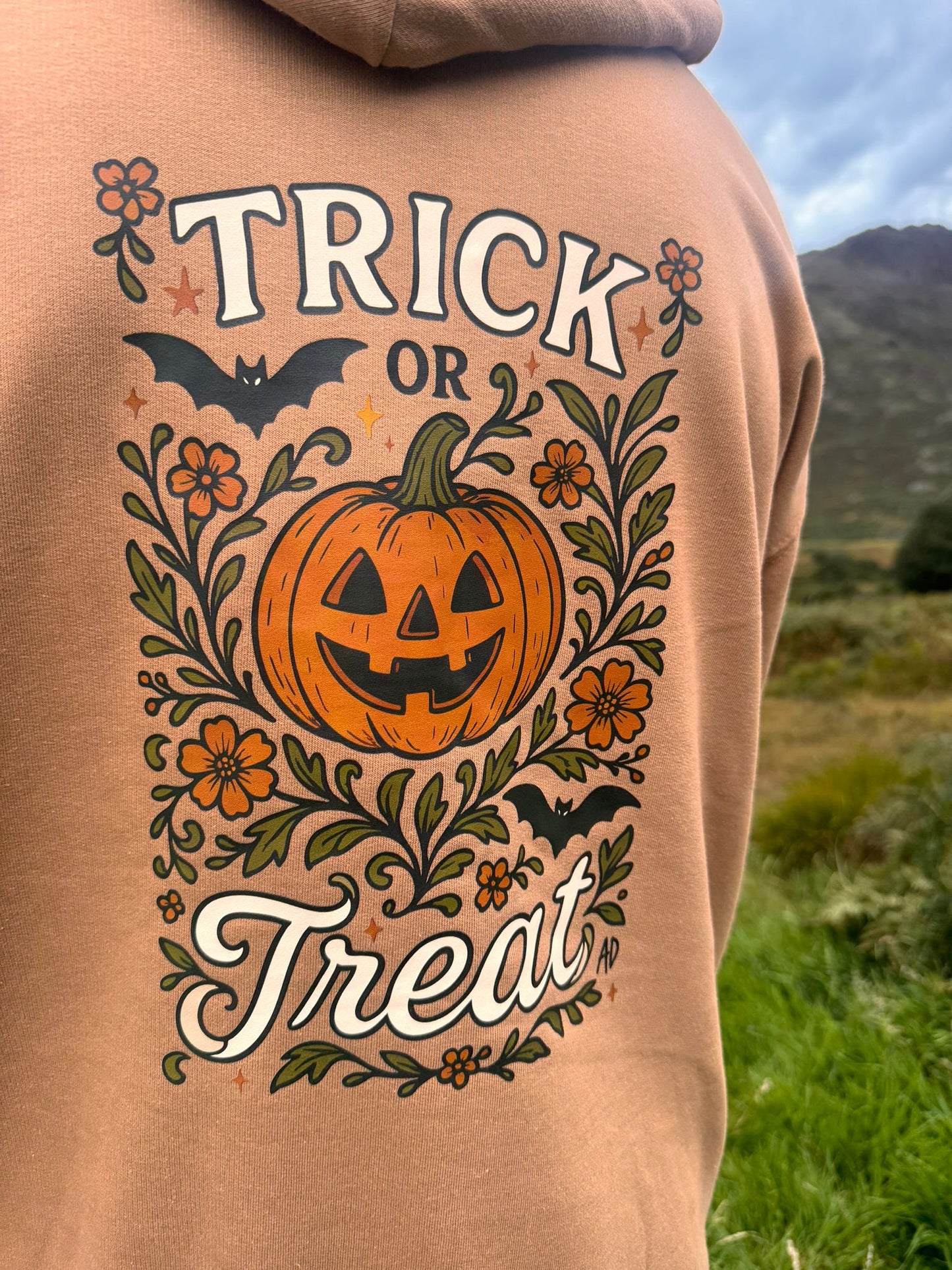 Pumpkins, Bats and Autumn Florals. Trick or Treat Hoodie