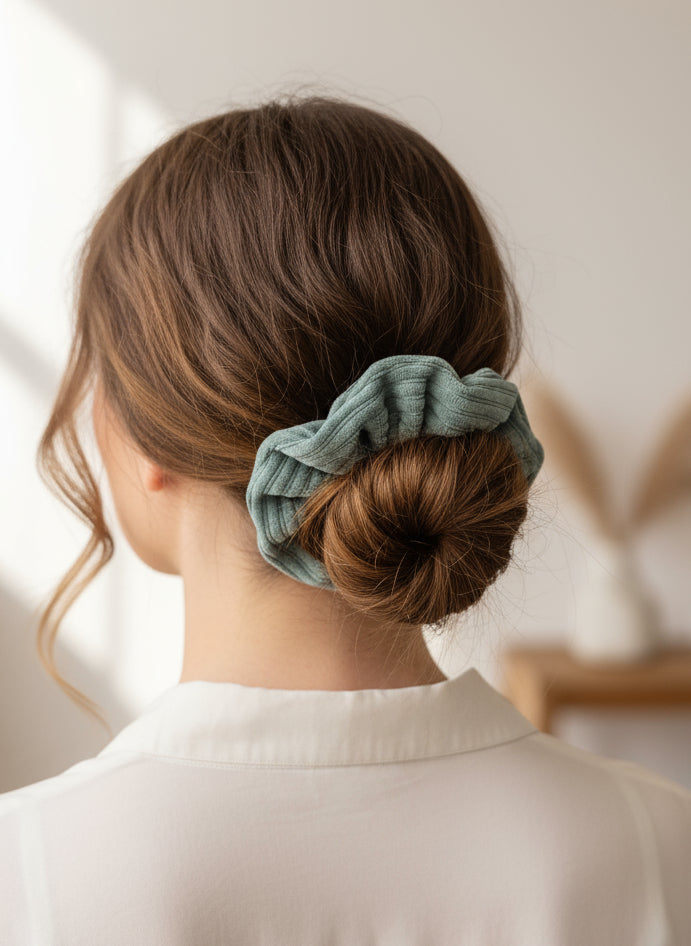 Blue sage handmade chunky scrunchie in a models hair with a messy bun. Scrunchie is complete with an organic customised cotton Aurora's Destination tag. Model has brown wavy hair with a piece falling down at the front. She is in a neutral coloured room, with a pot of dried flowers to her right and an open window to her left casting a shadow upon the wall infront of her. Aurora's Destionation's products are hand crafted and sustainably made. 