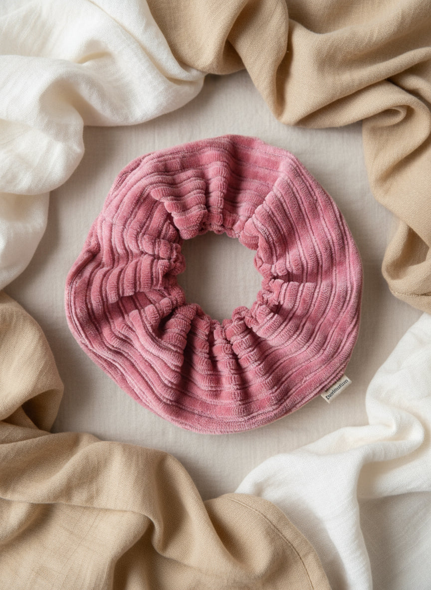 Handmade hot pink chunky cordury scrunchie, complete with organic cotton custom Aurora's Destination tag sewn into the seam. Perfect for gifting or to complete your favourite outfit. Hot pink hair accessory. 