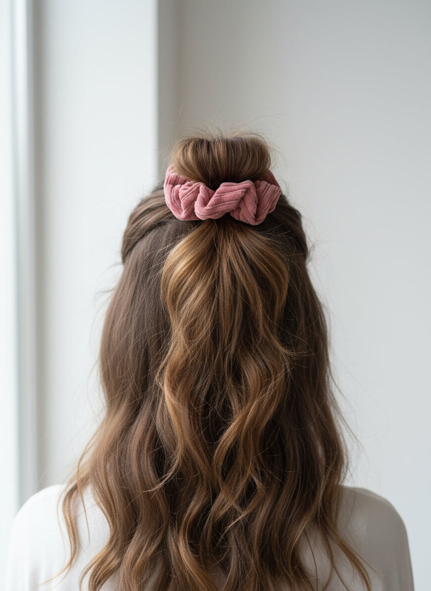 Hot pink handmade cordury chunky scruchine, complete with custom organic cotton Aurora's Destination tag sewn into the seam. Perfect accessory for completing your outfit. Model has a half up half down hair style with, wavy hair featuring an Aurora's Destination scrunchie. 