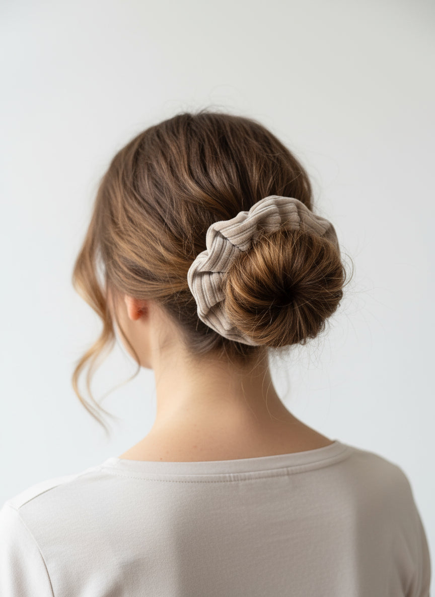 Natural beige, handmade, chunky cordury scunchie with custom Aurora's Destination cotton tag sewn into the seam. Scrunchie is in a womans wavy hair up in a messy bun. Minimalist aesthetic.