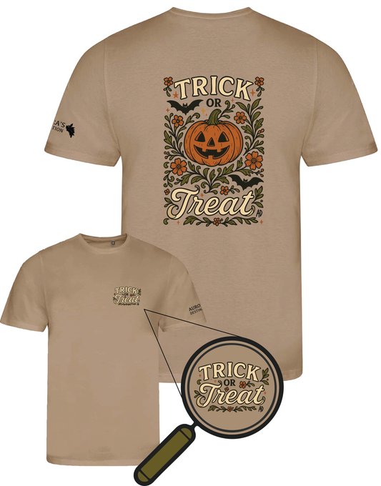 Beige cute and spooky halloween t-shirt with a large 'Trick or Treat' design on the back featuring a pumpkin, bats and floral and nature inspired design with a similar smaller design on the front. 