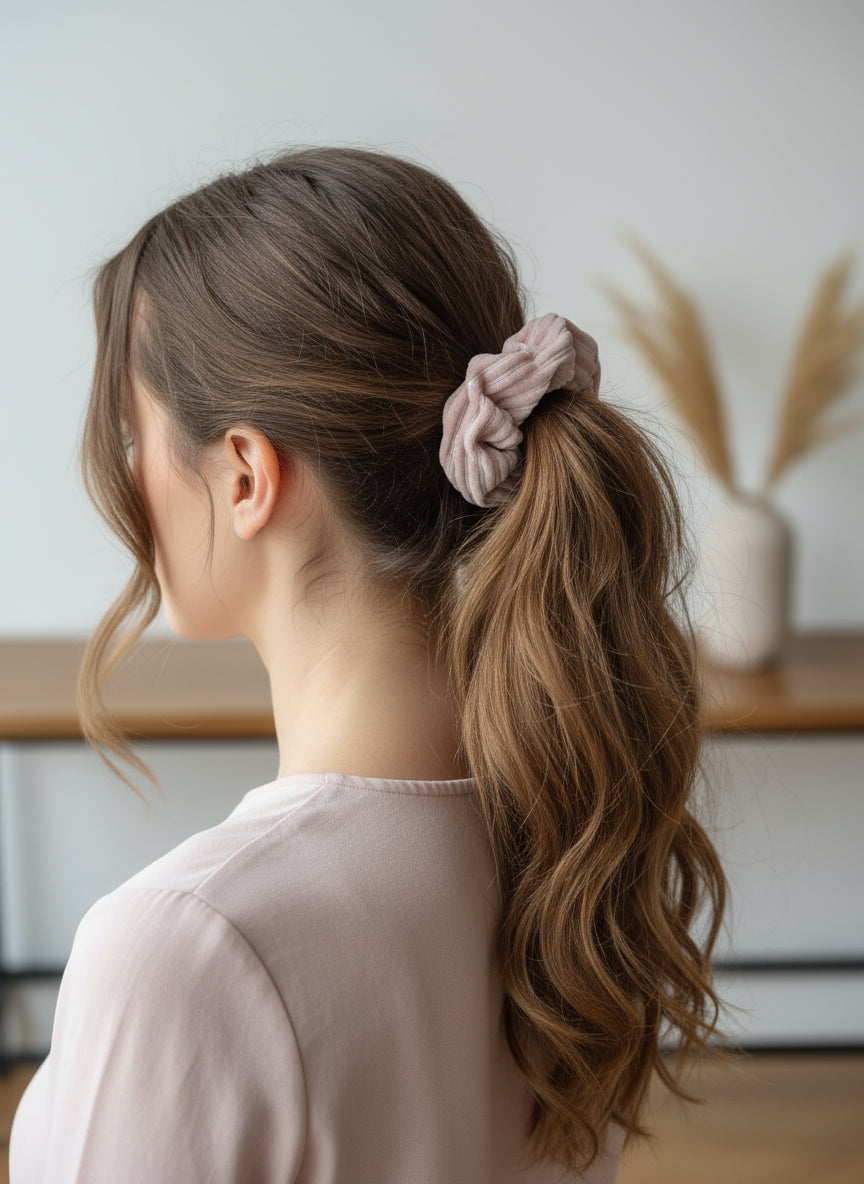 Handmade pink cordury chunky scrunchie, complete with Aurora's Destination organic cotton tag sewn into seam. Hair accessory, is on a woman model, with brown way hair. Perfect for keeping hair up and out of your face. Great gift idea. Organic and sustainably made.