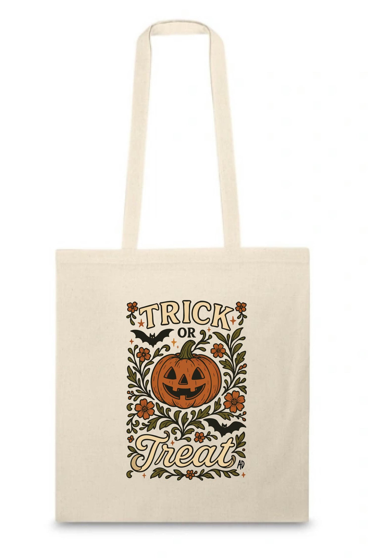 Organic cotton Trick or Treat tote bag with pumpkin and floral Halloween design – eco-friendly reusable shopping bag by Aurora’s Destination.