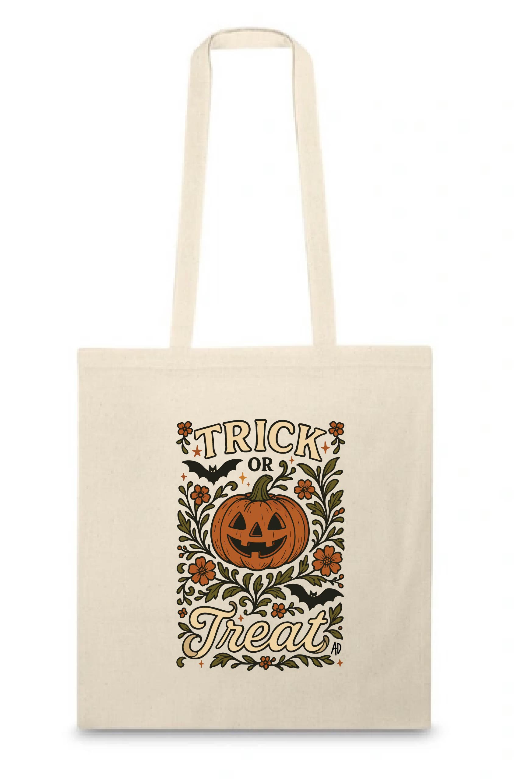 Organic cotton Trick or Treat tote bag with pumpkin and floral Halloween design – eco-friendly reusable shopping bag by Aurora’s Destination.