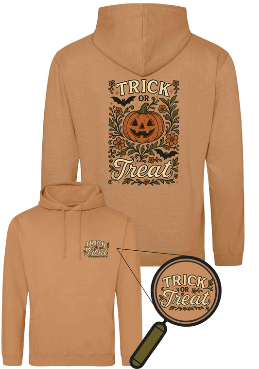 Brown Halloween hoodie with a “Trick or Treat” pumpkin jack-o’-lantern design on the back surrounded by bats and autumn florals, and a smaller matching logo on the front chest. Made from organic fabric and sustainably crafted, this cute Halloween hoodie is nature-inspired with a festive pumpkin design.
