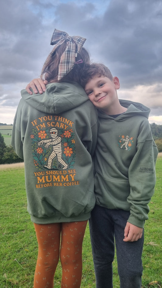Kids Halloween Hoodie - If you think I'm scary, you should see my Mummy before her coffee.